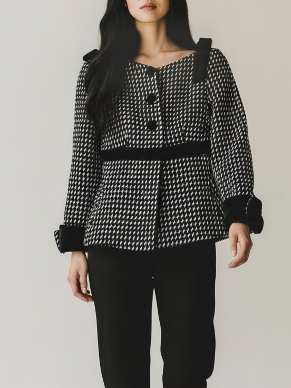 Emporio Armani Vintage Italian Wool Black & White Patterned Velvet Trim Jacket 6